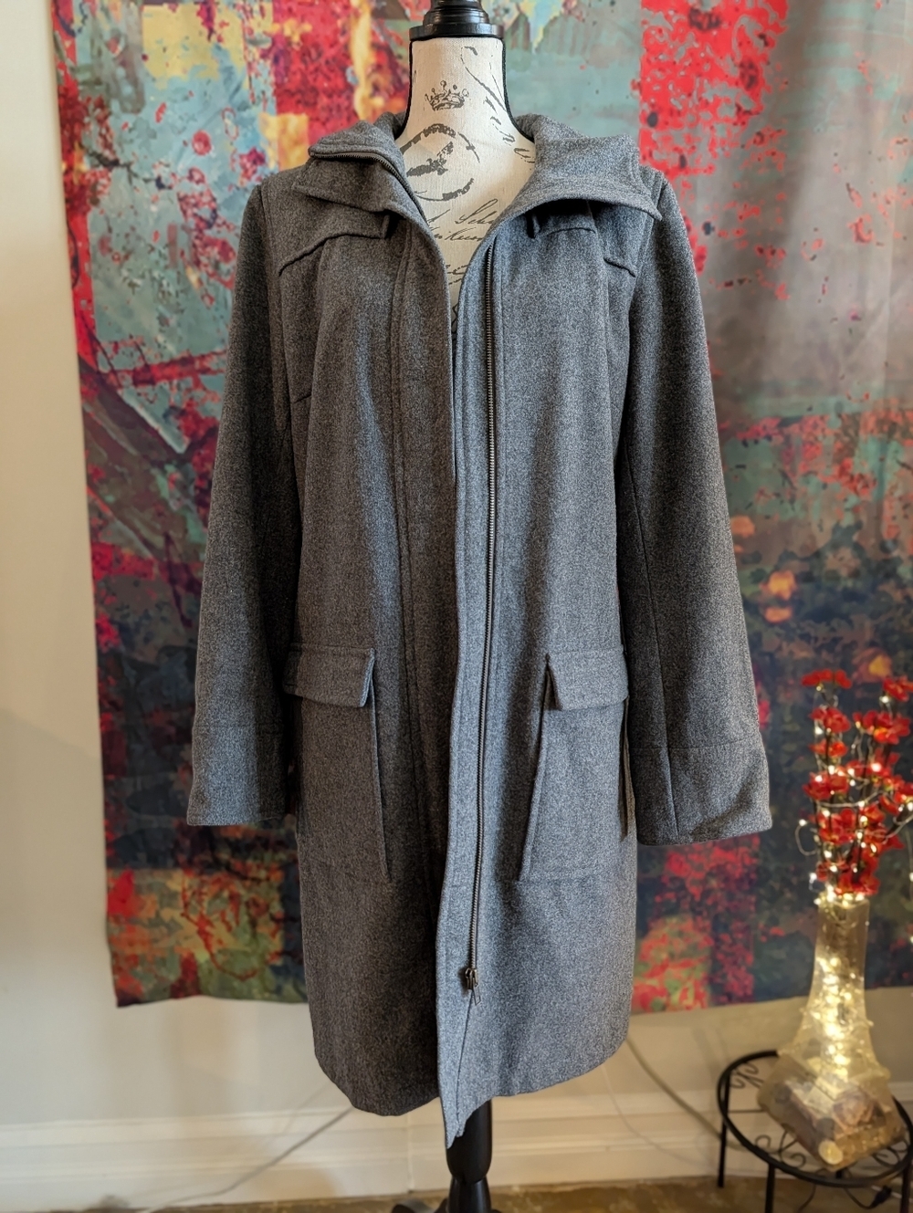 H&M Gray Hooded Wool-Blend Trench Coat - Picture 7 of 14